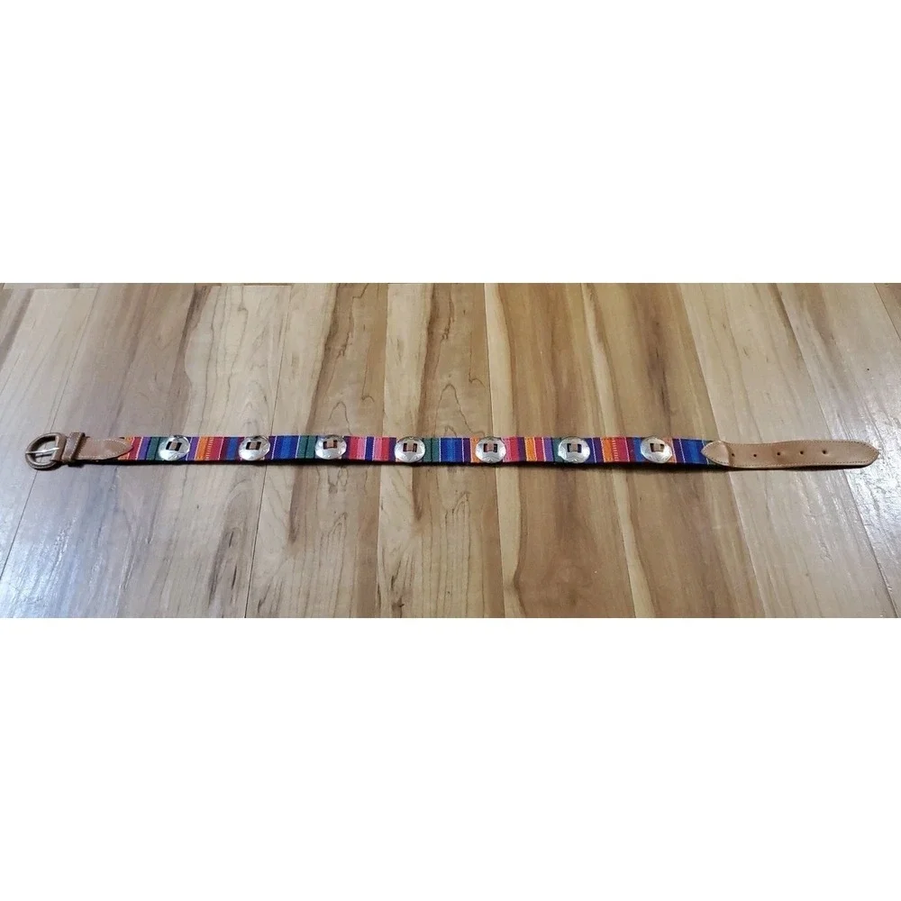 Womens Leather Covered Buckle Guatemala Concho Multicolor Woven Belt Size M/L
